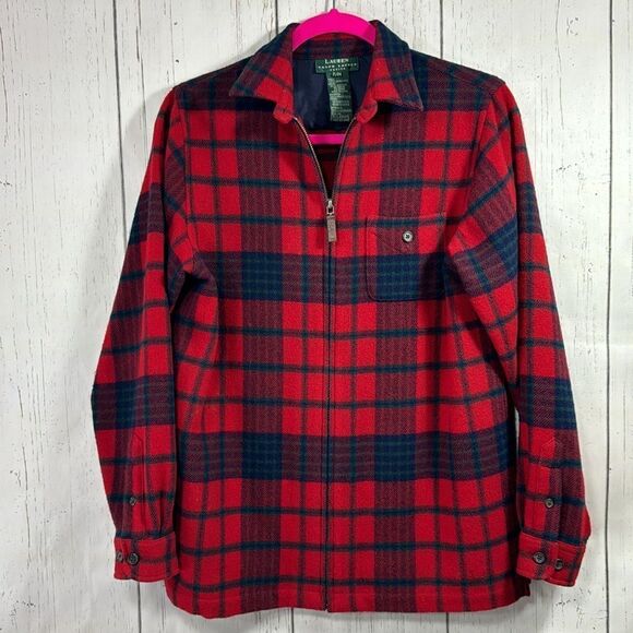 Lauren Ralph Lauren 100% Lambswool Plaid Pullover Shirt Jacket Red Navy Tartan - Picture 5 of 15